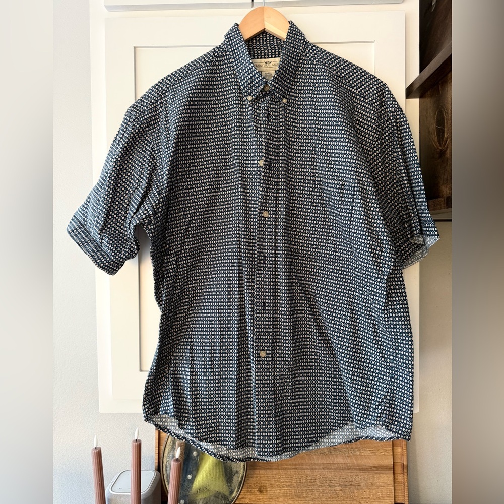 Vintage Natural Issue Geometric Print Cotton Button-Up Shirt Large